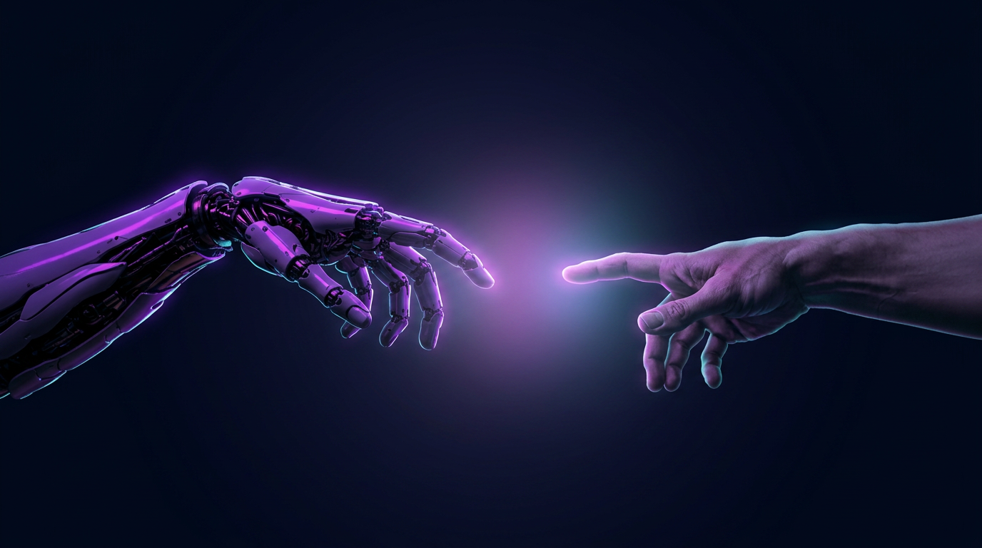 A robotic hand and a human hand reaching toward each other